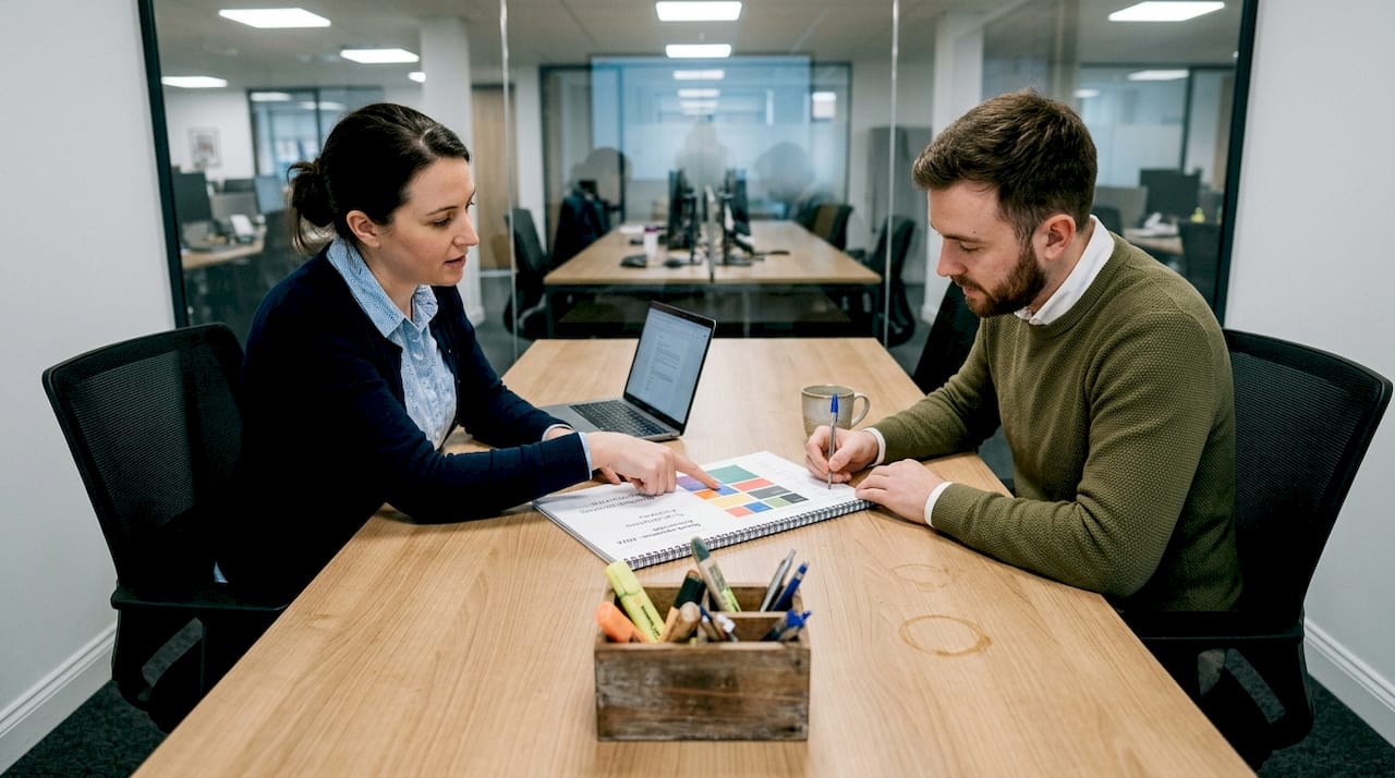 Team reviewing printed brand guidelines
