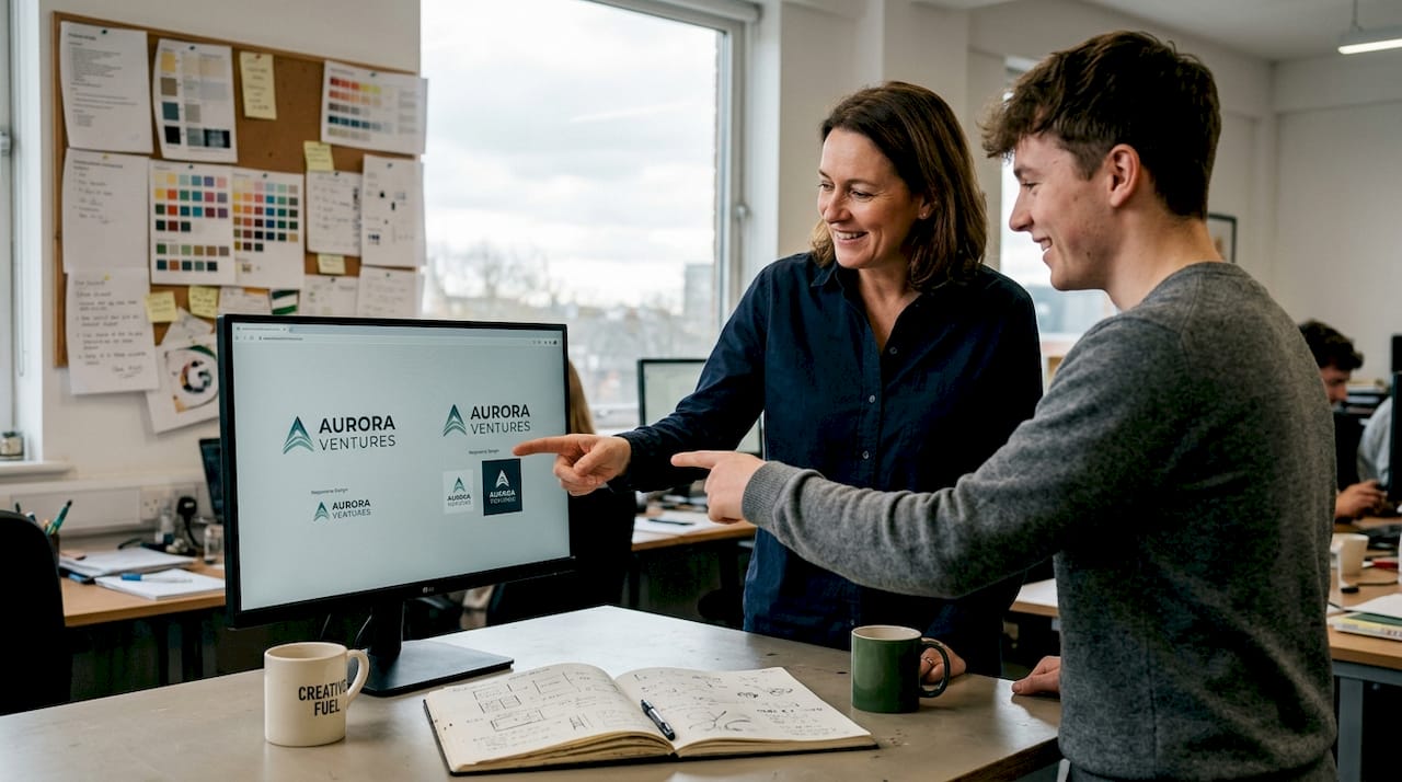 What is scalable design? Actionable insights for UK brands 2 Reviewing logo size variations on office monitor