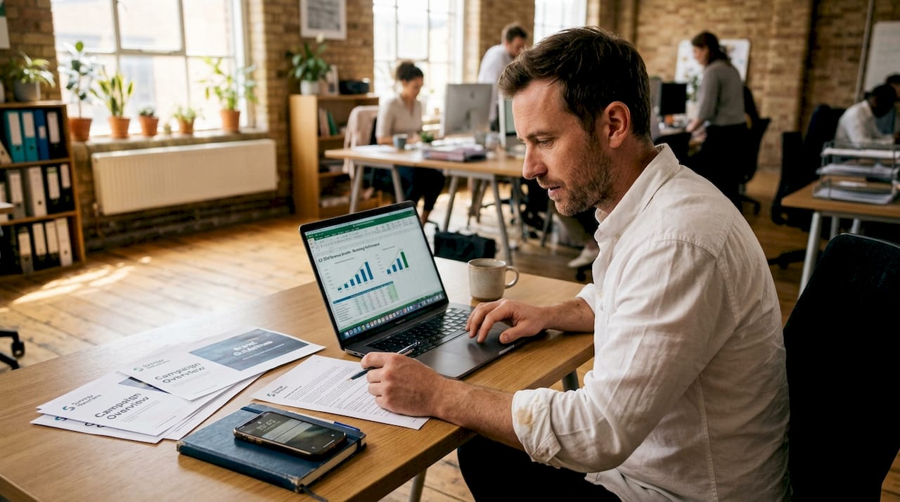 Why visual consistency unlocks trust and growth for UK SMEs 1 Manager updating revenue spreadsheet with branding