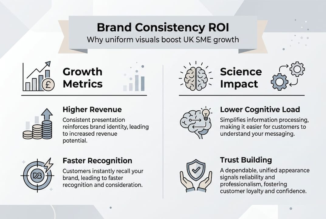 Why visual consistency unlocks trust and growth for UK SMEs 2 Infographic summarising brand consistency benefits