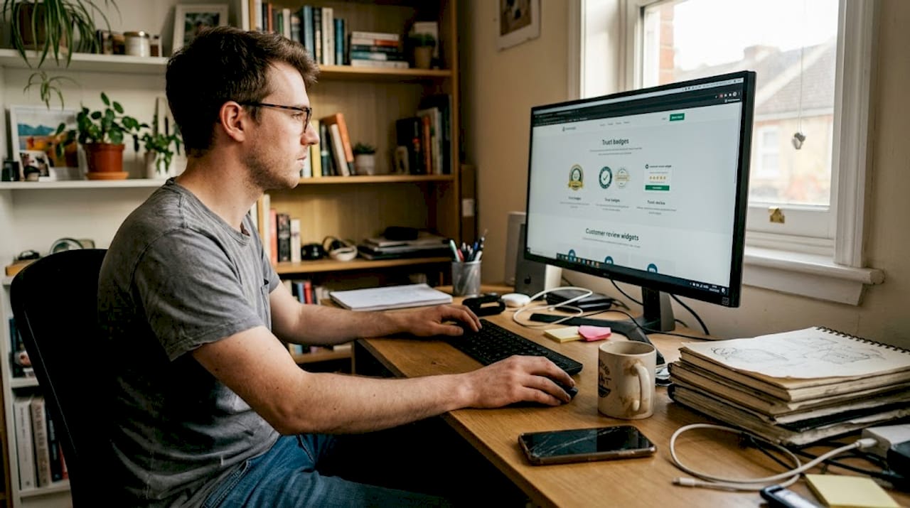 Designer checks website trust badges