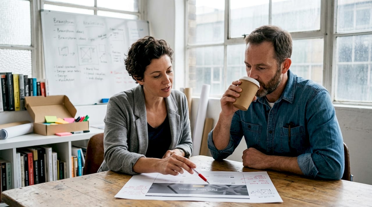 Colleagues reviewing website homepage draft