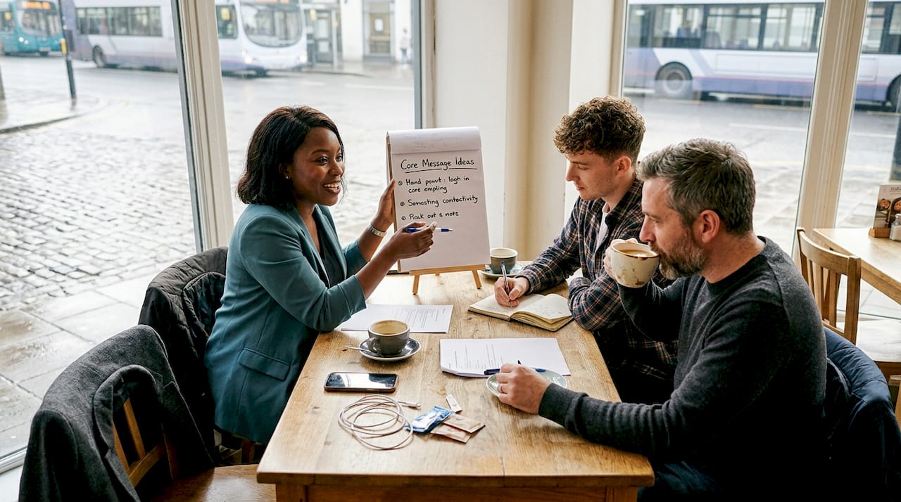 Team discusses brand messaging ideas in café