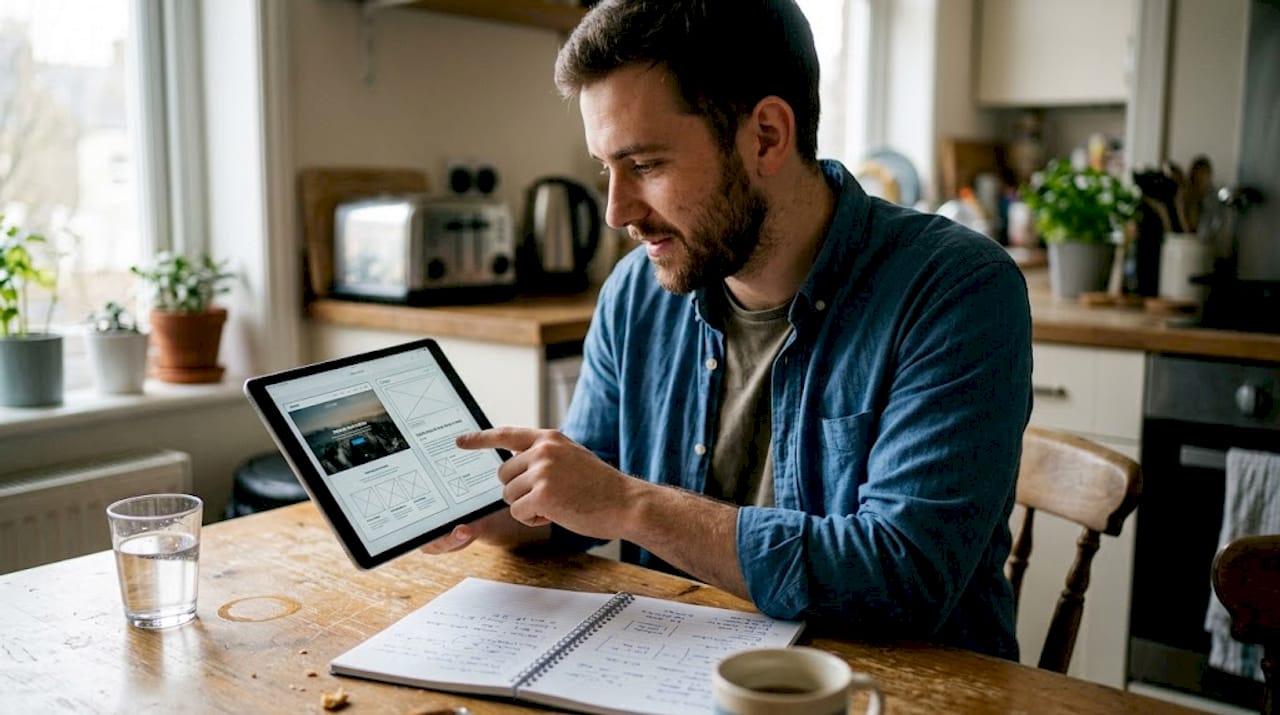 Person comparing website layouts at kitchen table