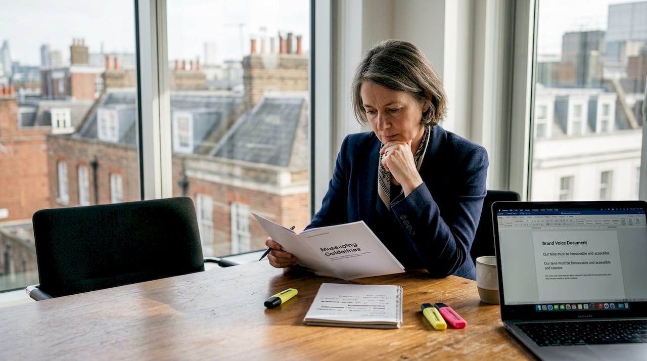 Marketing manager reviewing branding guidelines