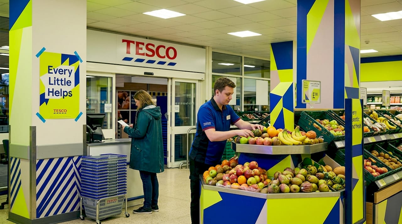 Tesco supermarket produce area with Every Little Helps sign