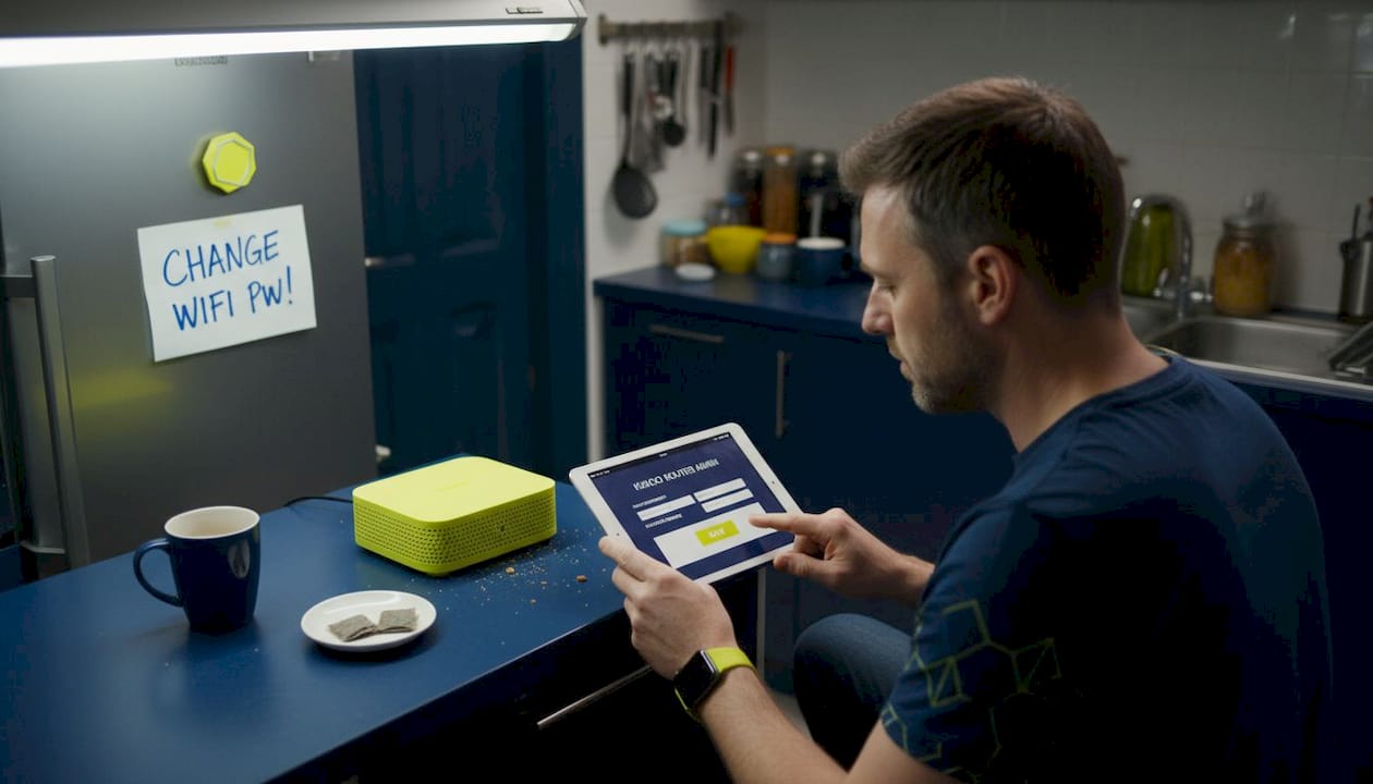 Person updates router password in cluttered kitchen
