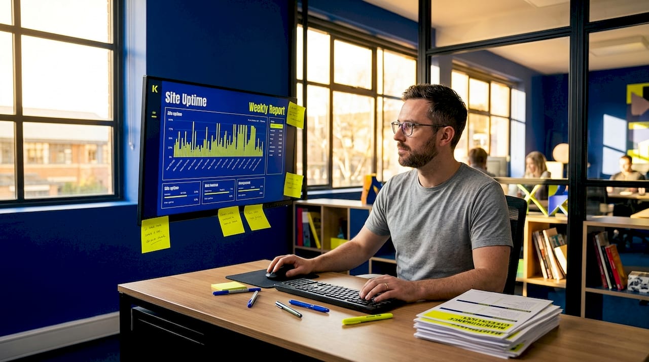 Man checking website health at office workstation