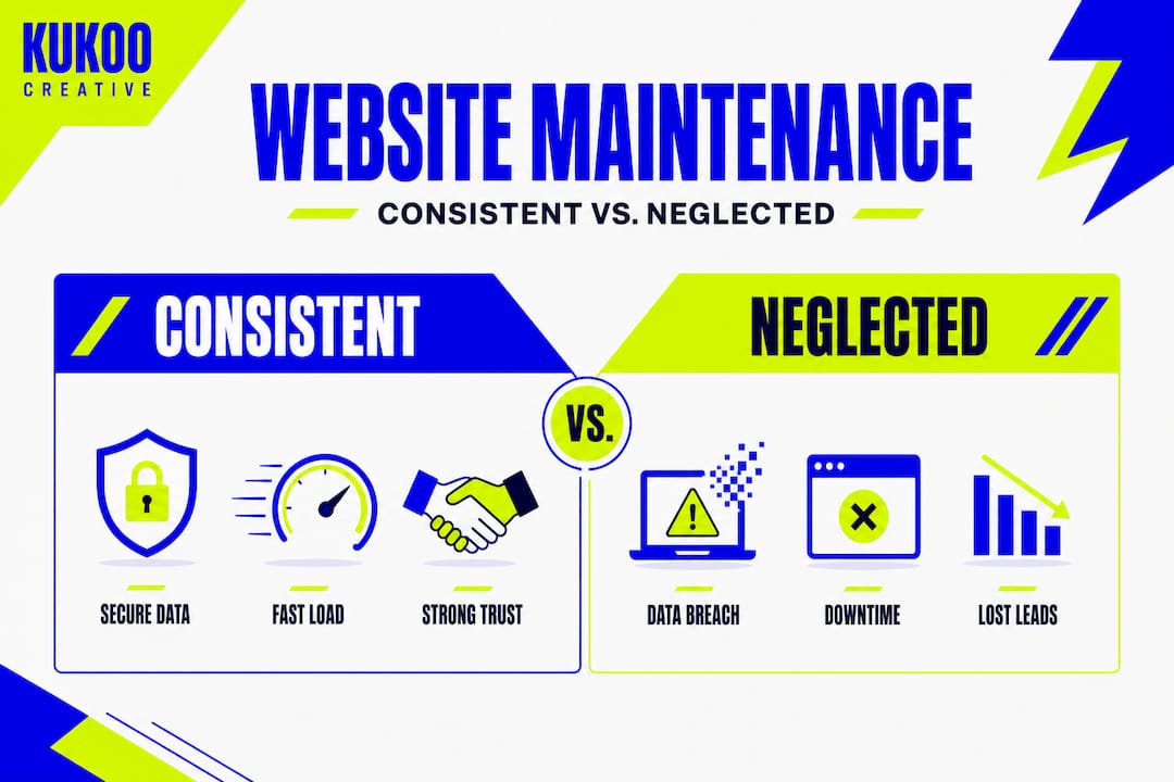 Infographic comparing consistent and neglected website maintenance