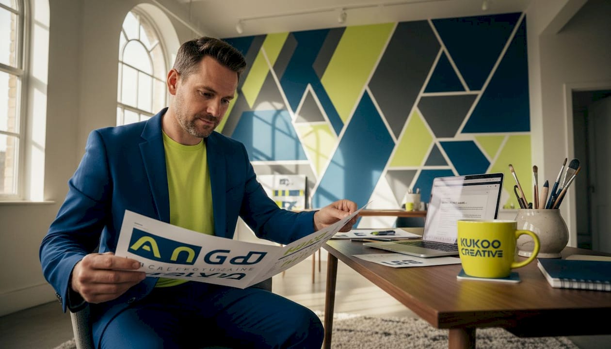 Manager reviews brand guideline sheets by glass wall