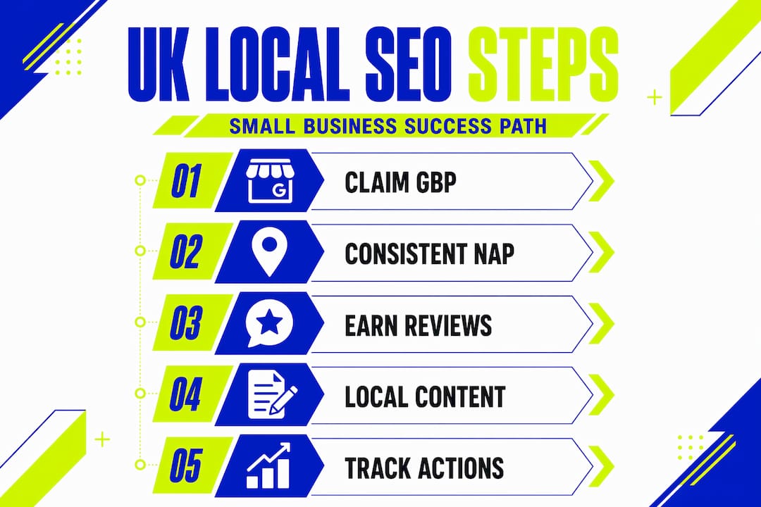 Infographic showing five steps for UK local SEO