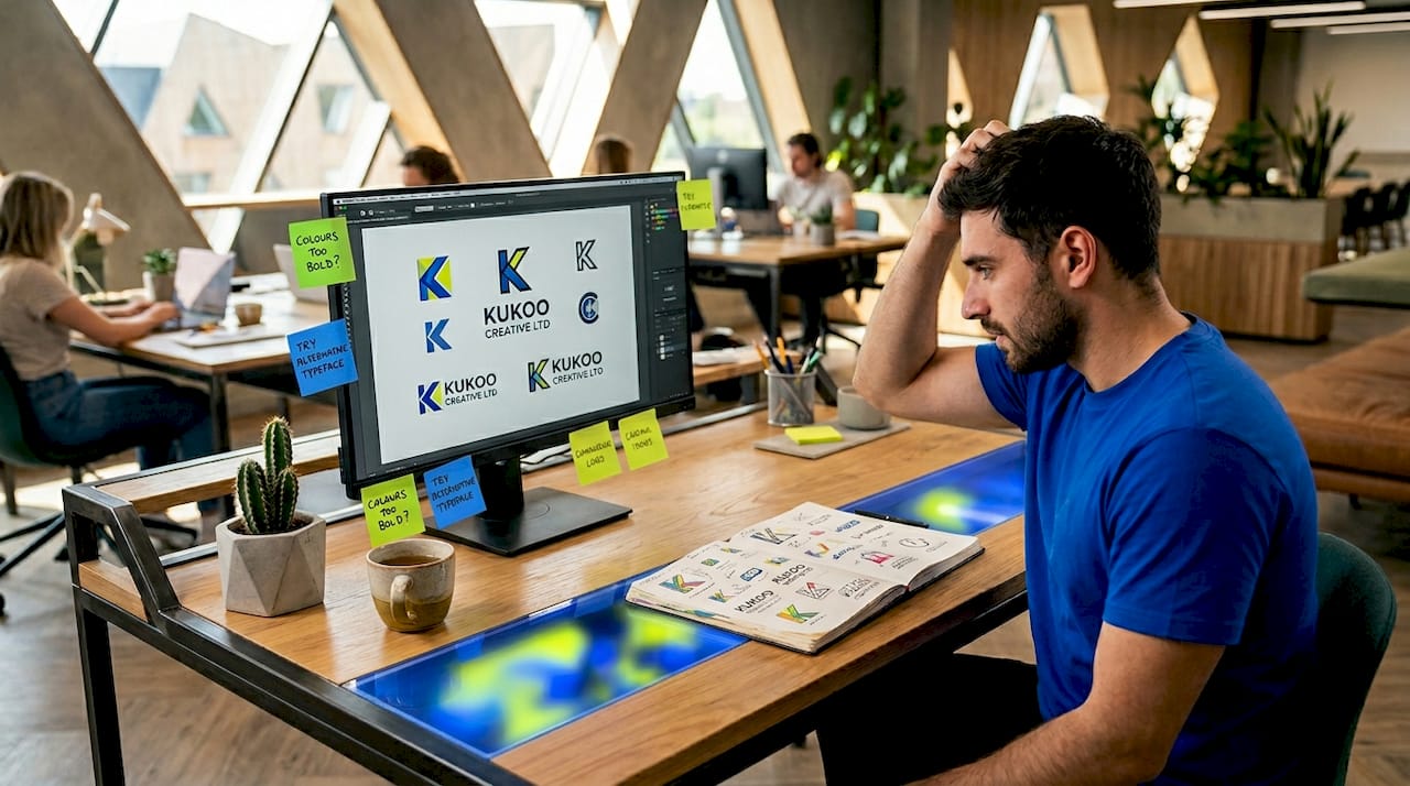 Designer analyzing icons on computer screen