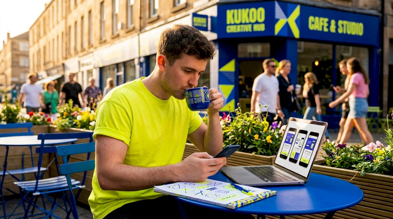 Website launch checklist 2025: your complete guide 1 Man testing mobile-friendly website in café