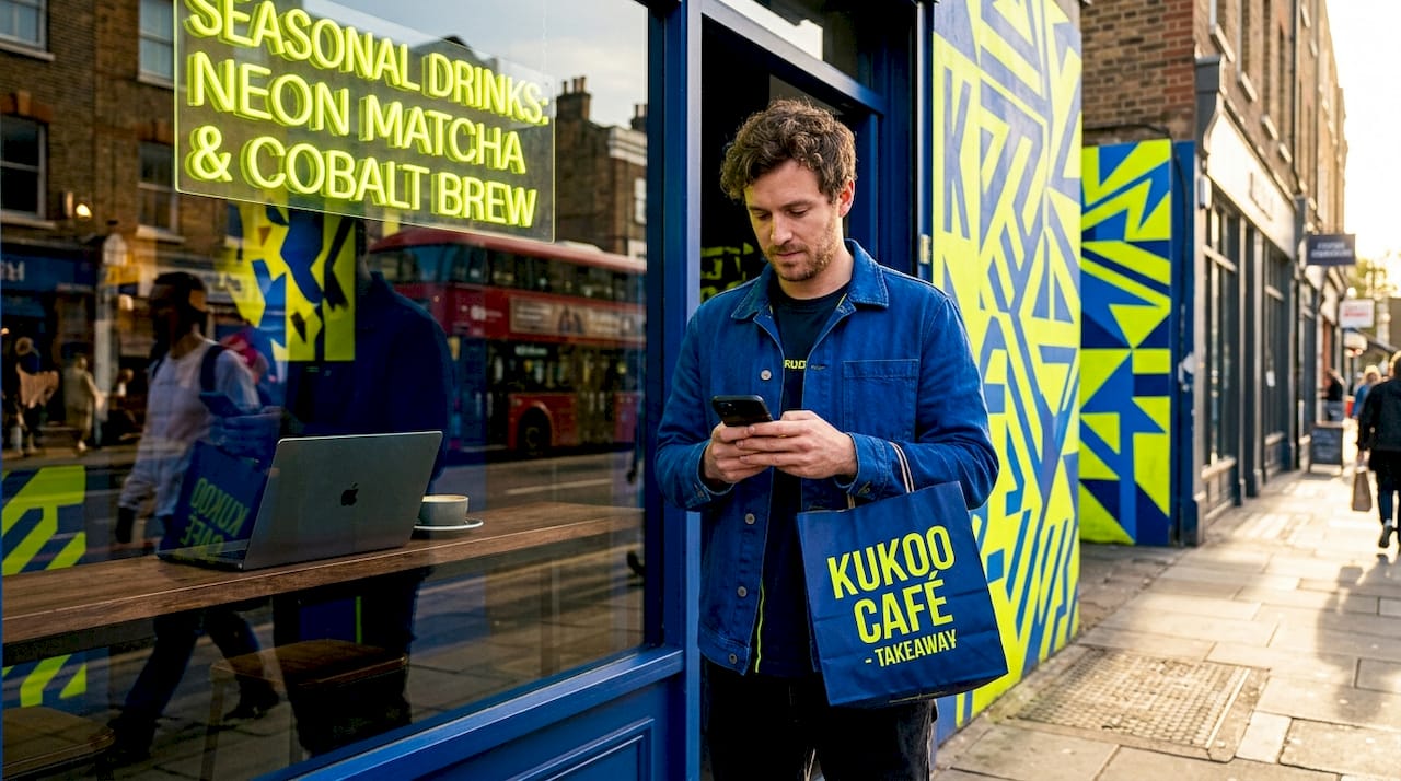 UK shop owner checking search results outside bakery