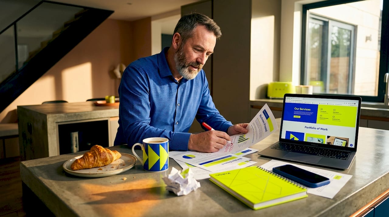 Business owner annotating website copy at kitchen table