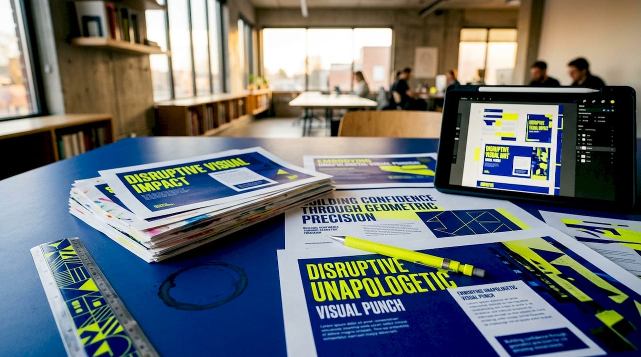 Printed design layouts showing visual hierarchy elements