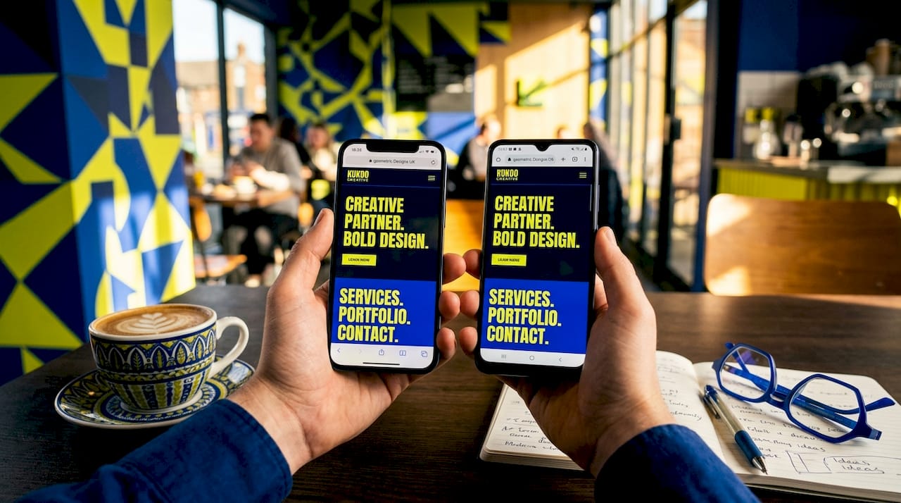 Hands comparing mobile responsive websites on two phones