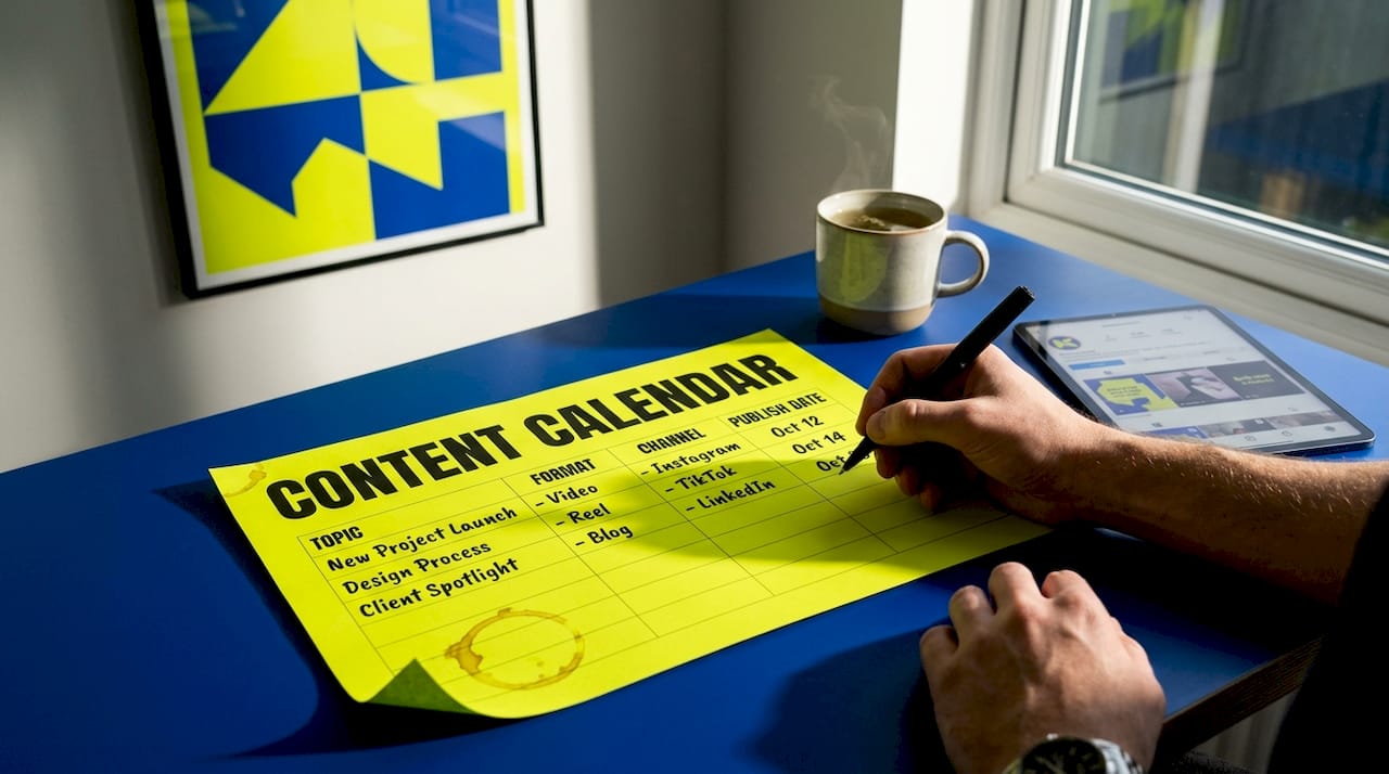 Hand planning content marketing calendar on table