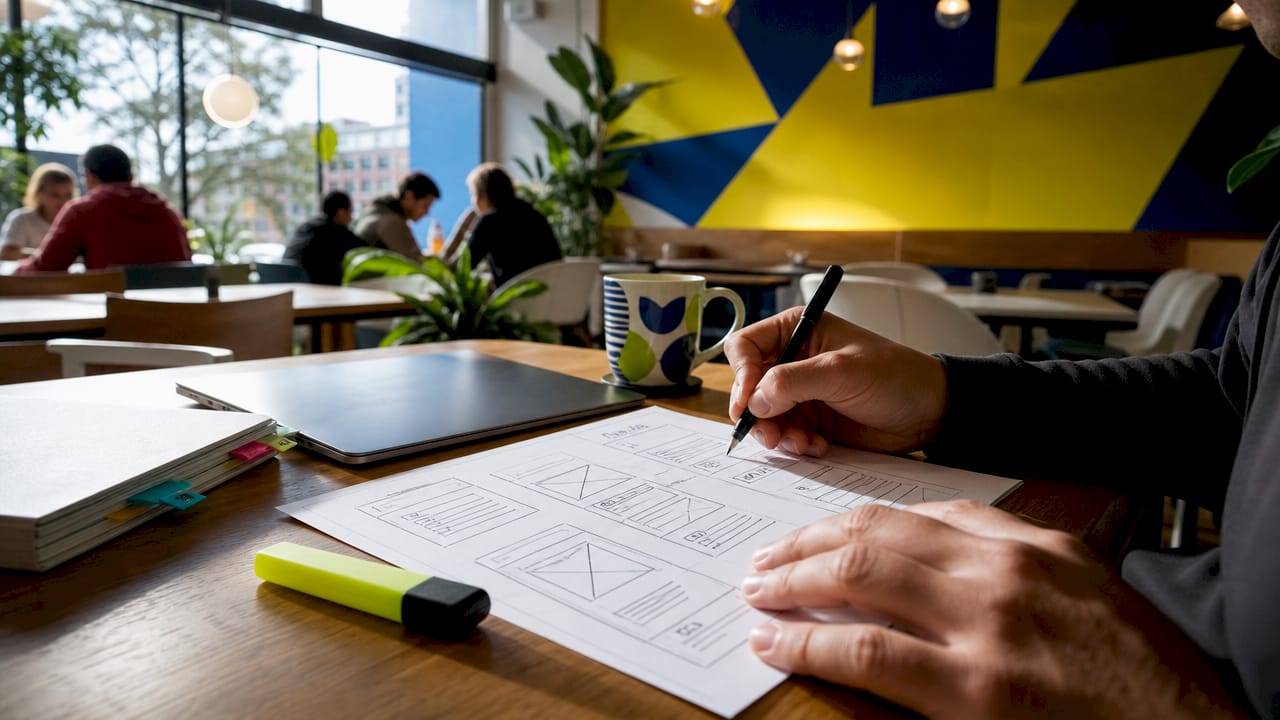 What is wireframing? A guide for designers and PMs 1 Close-up of hands sketching wireframe schematic on paper