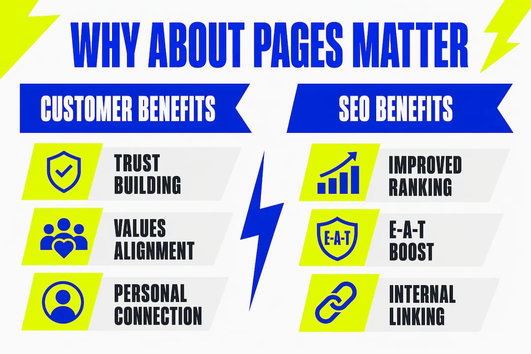 Why have an about page? build trust and win clients 2 Infographic comparing customer benefits and SEO advantages of About pages