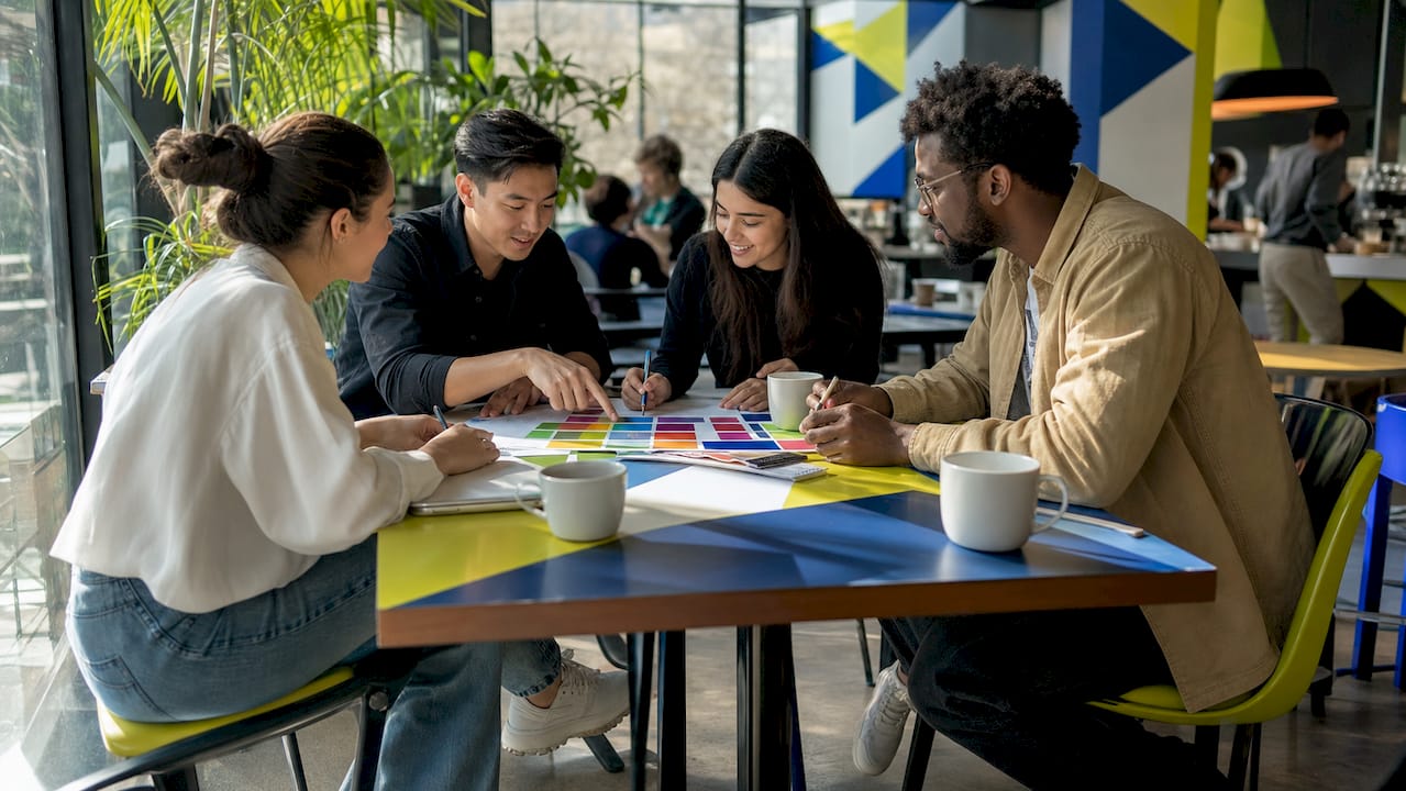The role of colour theory in design and branding 2 Marketing team discussing colour palettes in meeting