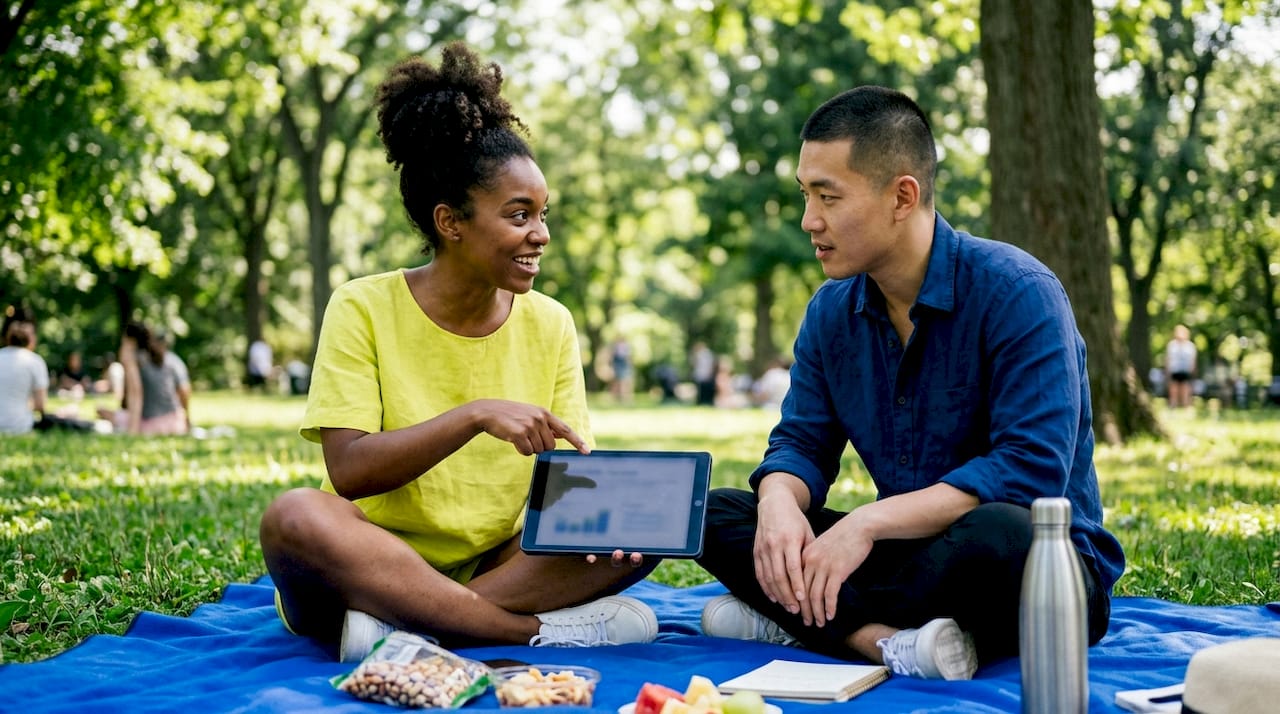 Two marketers discussing owned earned paid channels