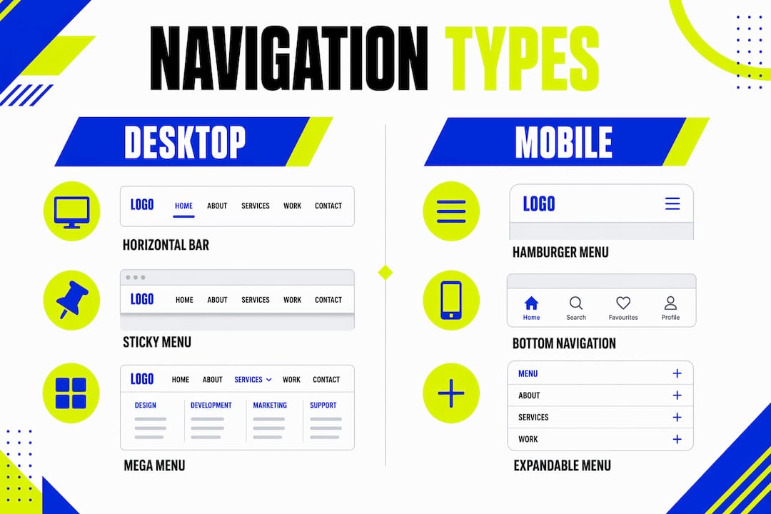 Infographic comparing desktop and mobile website navigation types