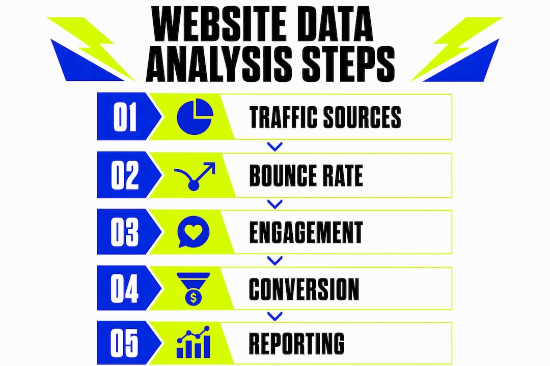 Infographic showing five steps of website data analysis