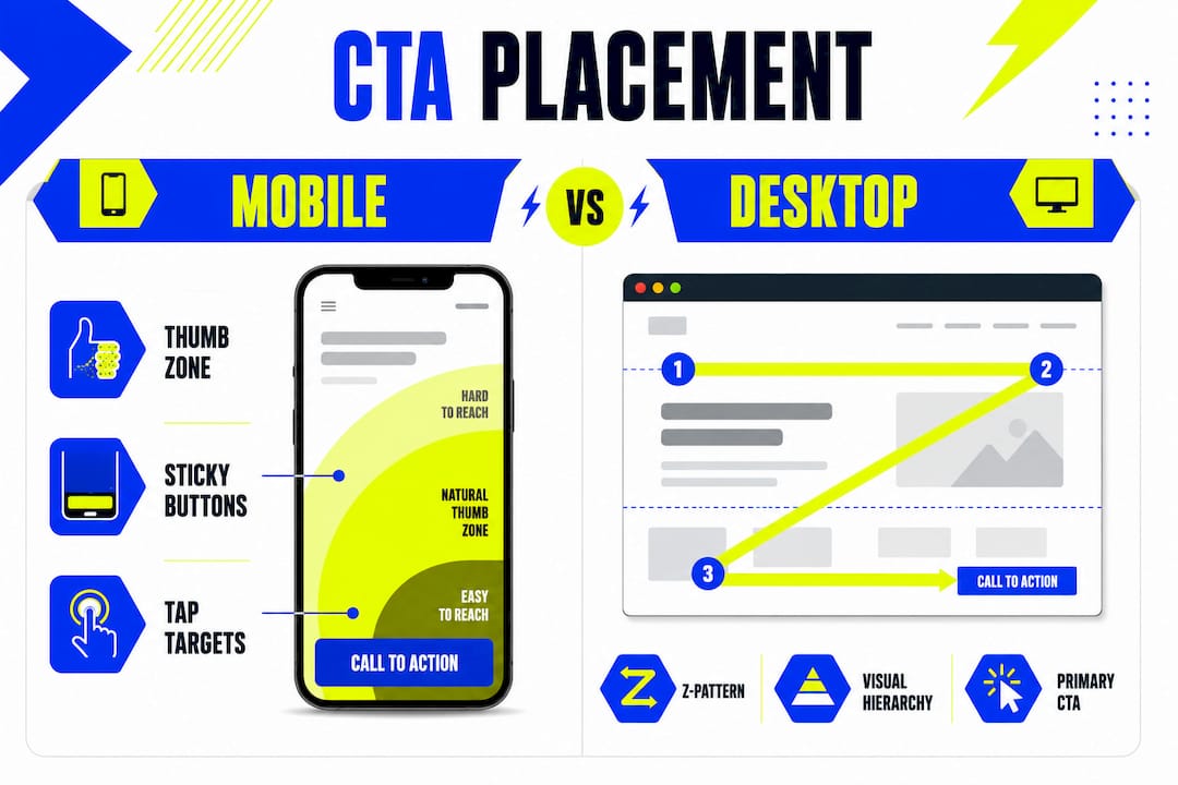 Call to action placement guide: boost conversions in 2026 2 Infographic contrasting mobile vs desktop CTA placement best practices