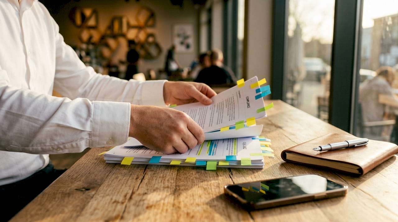Hands holding compliance documents