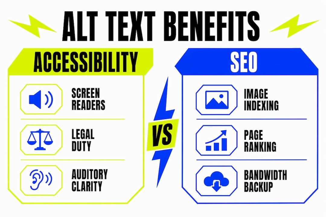 The role of alt text in accessibility and SEO 2 Infographic comparing alt text benefits for accessibility and SEO