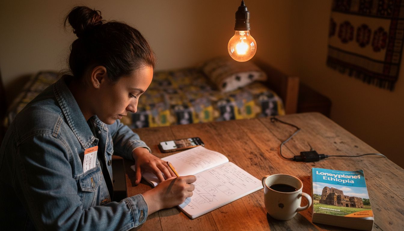 Woman planning Ethiopia solo itinerary at table