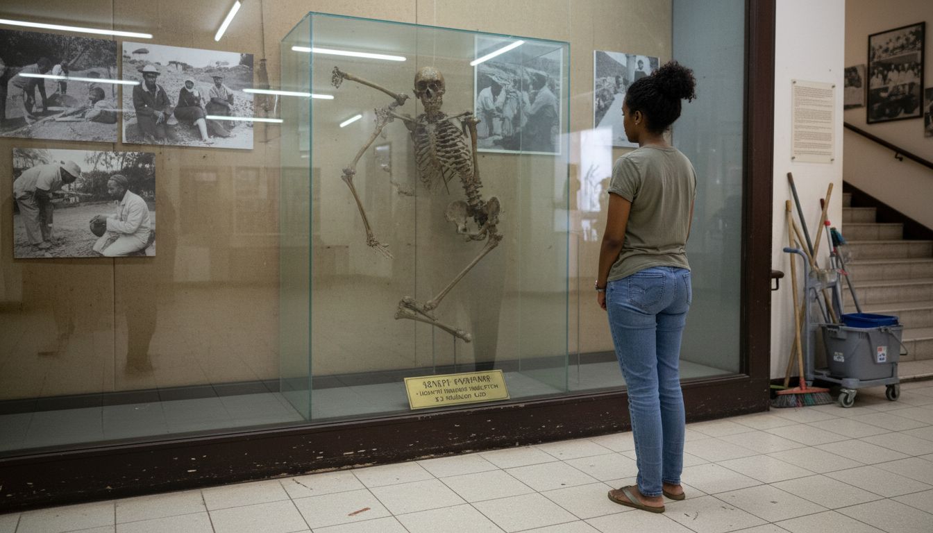 Visitor viewing Lucy fossil National Museum