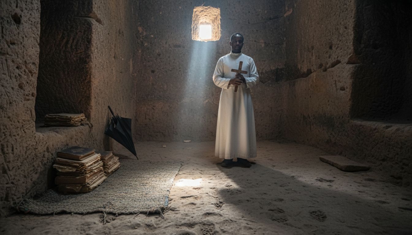 Priest inside Lalibela church interior