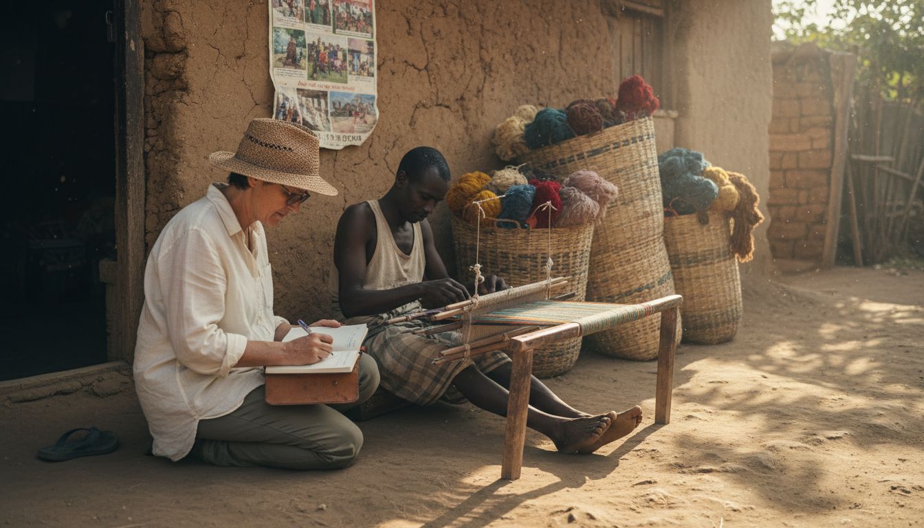 Traveler learning from Ethiopian artisan weaver