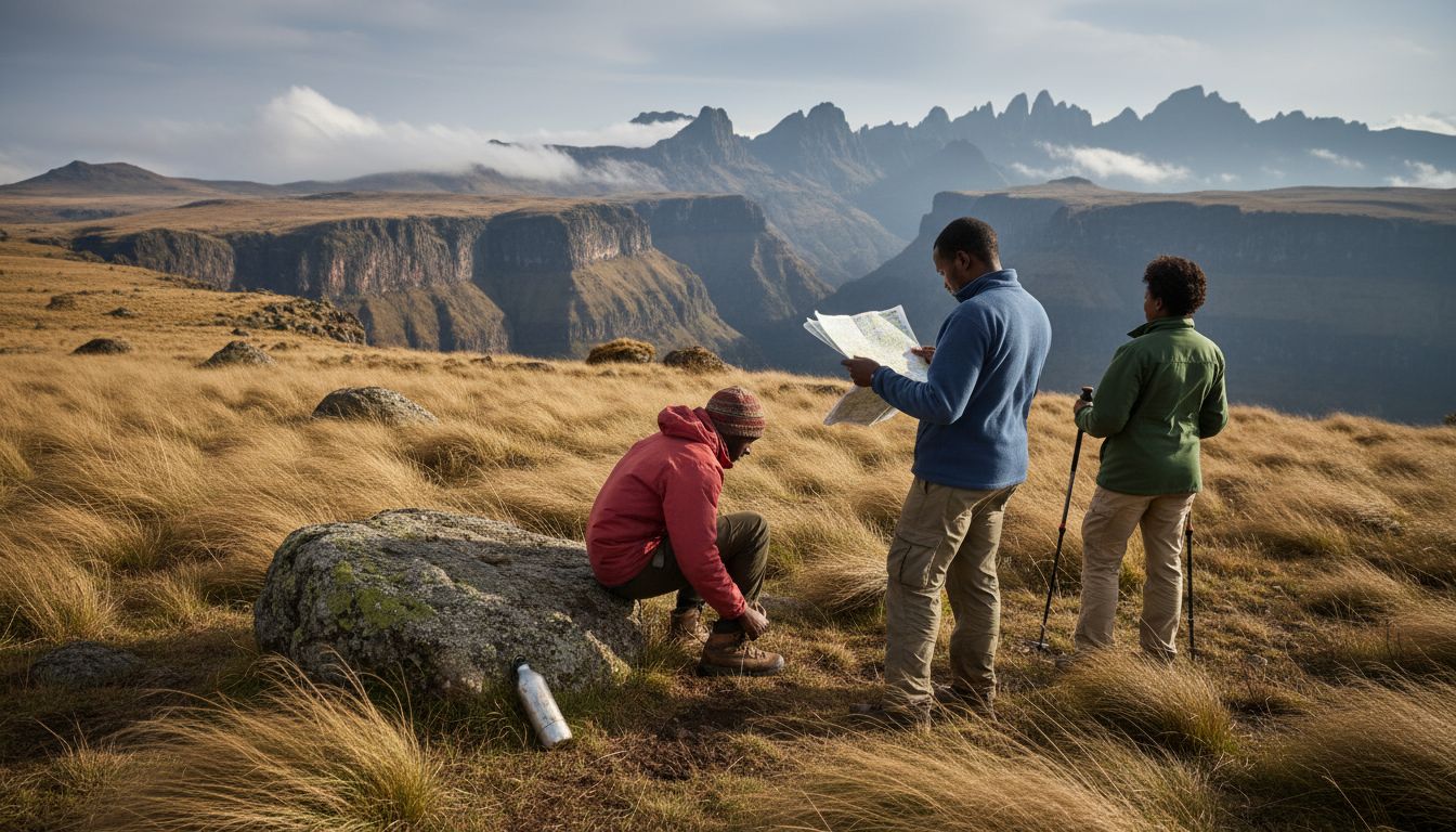 Trekkers overlook Ethiopian Highlands cliffs