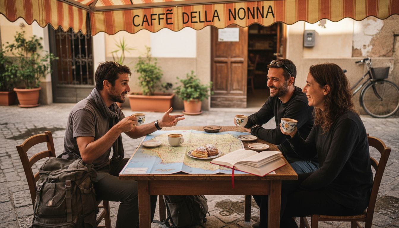 Tourists and locals share stories at café table