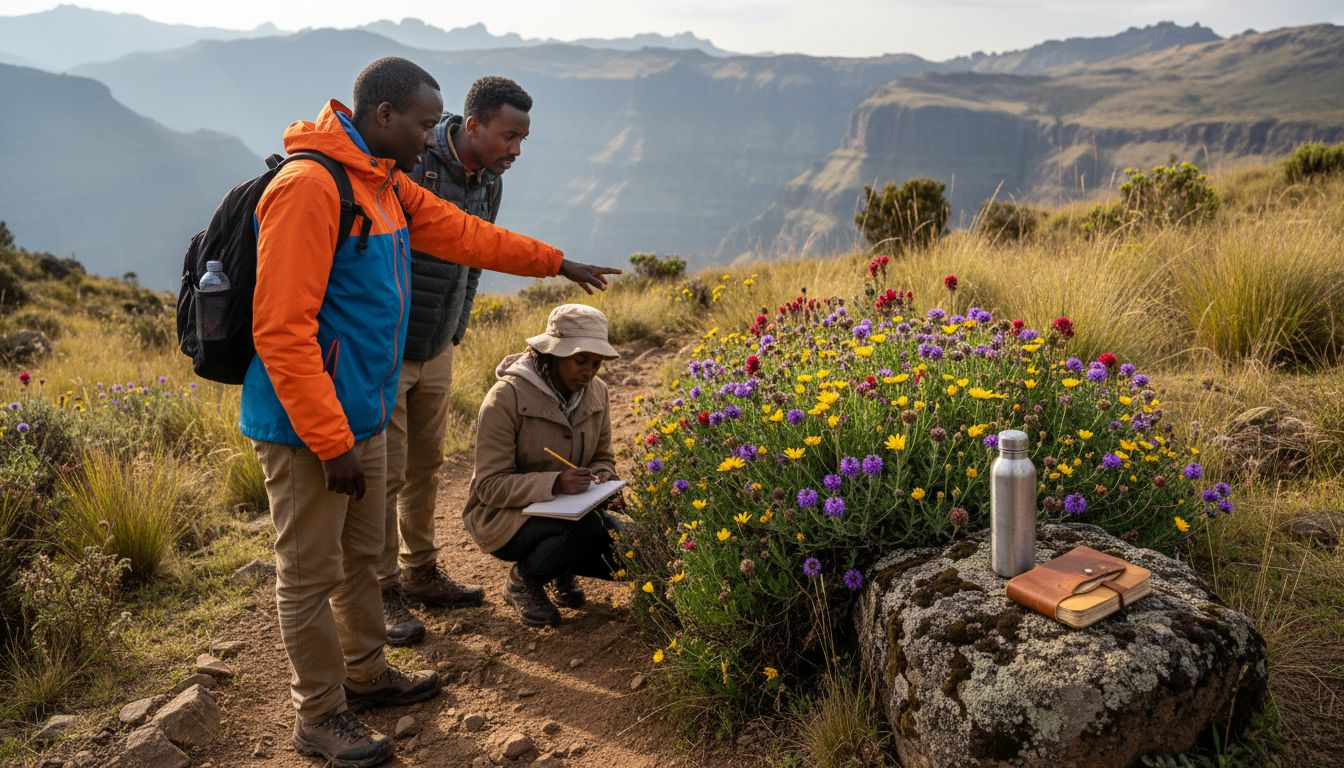 Guide showing plants to tourists in nature