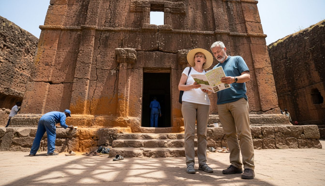 Travelers admire ancient Lalibela rock church entrance