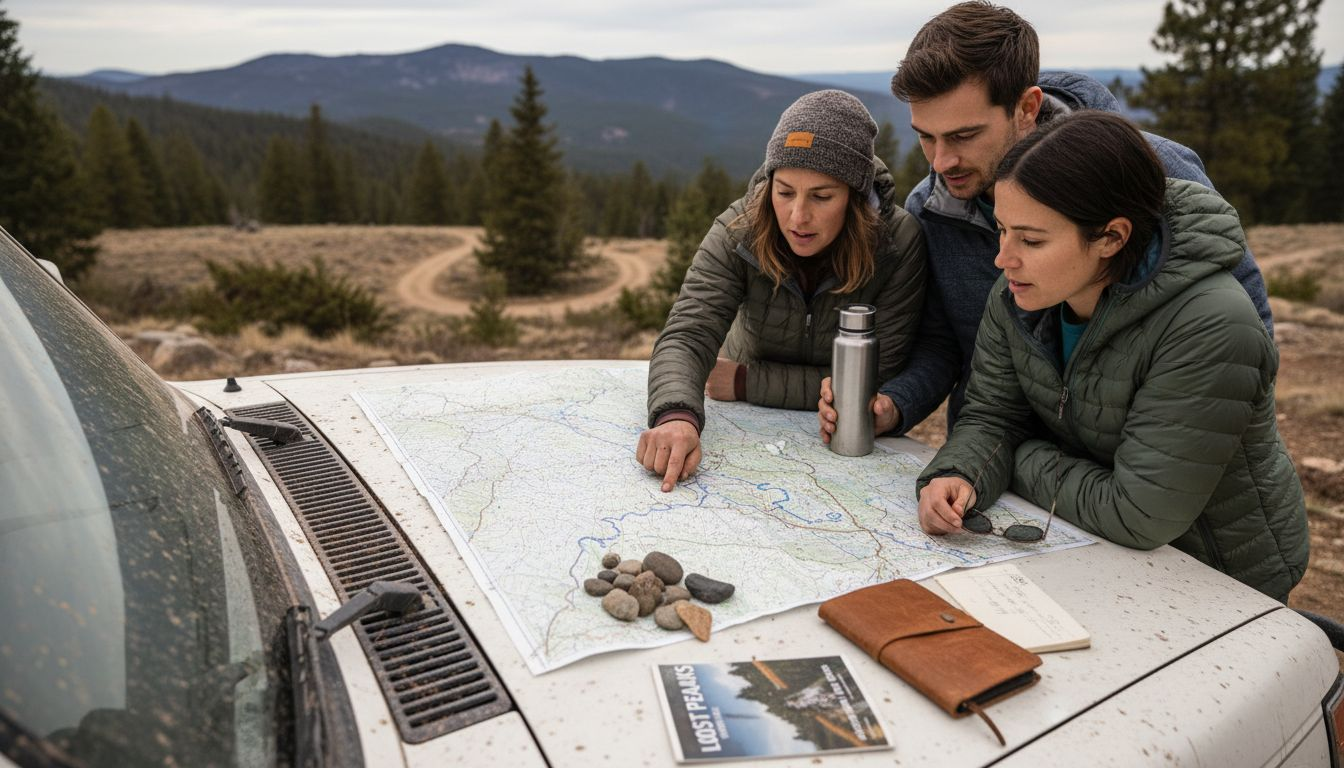 Guide planning route with travelers outdoors