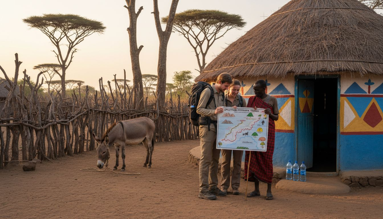 Couple reviews tour route with local guide