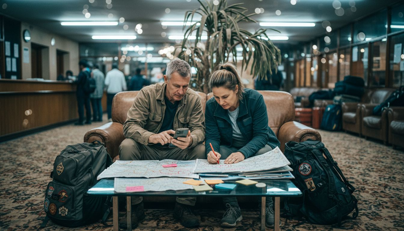 Couple planning Ethiopian road trip in hotel lobby