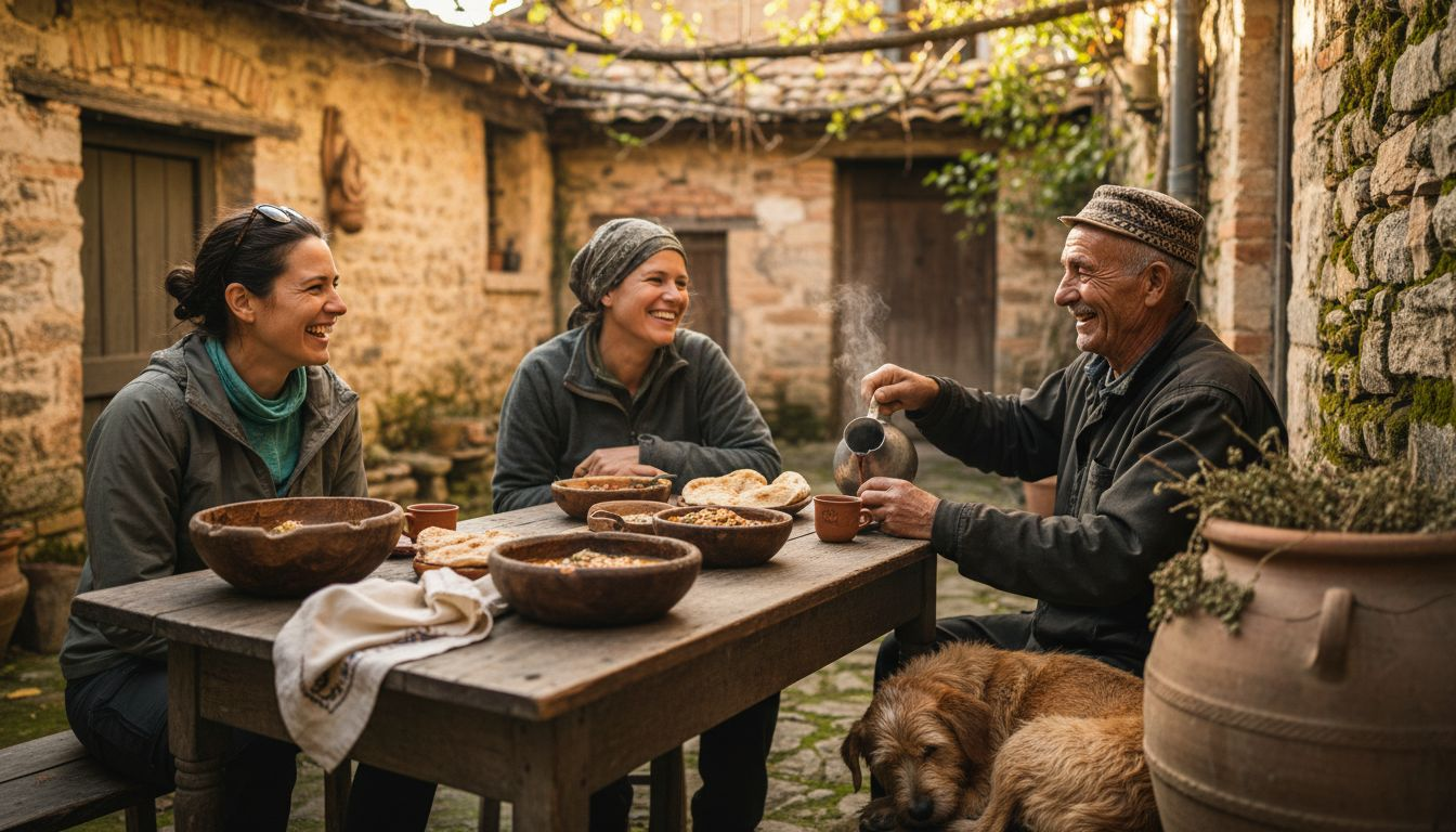 Travelers sharing meal with local host