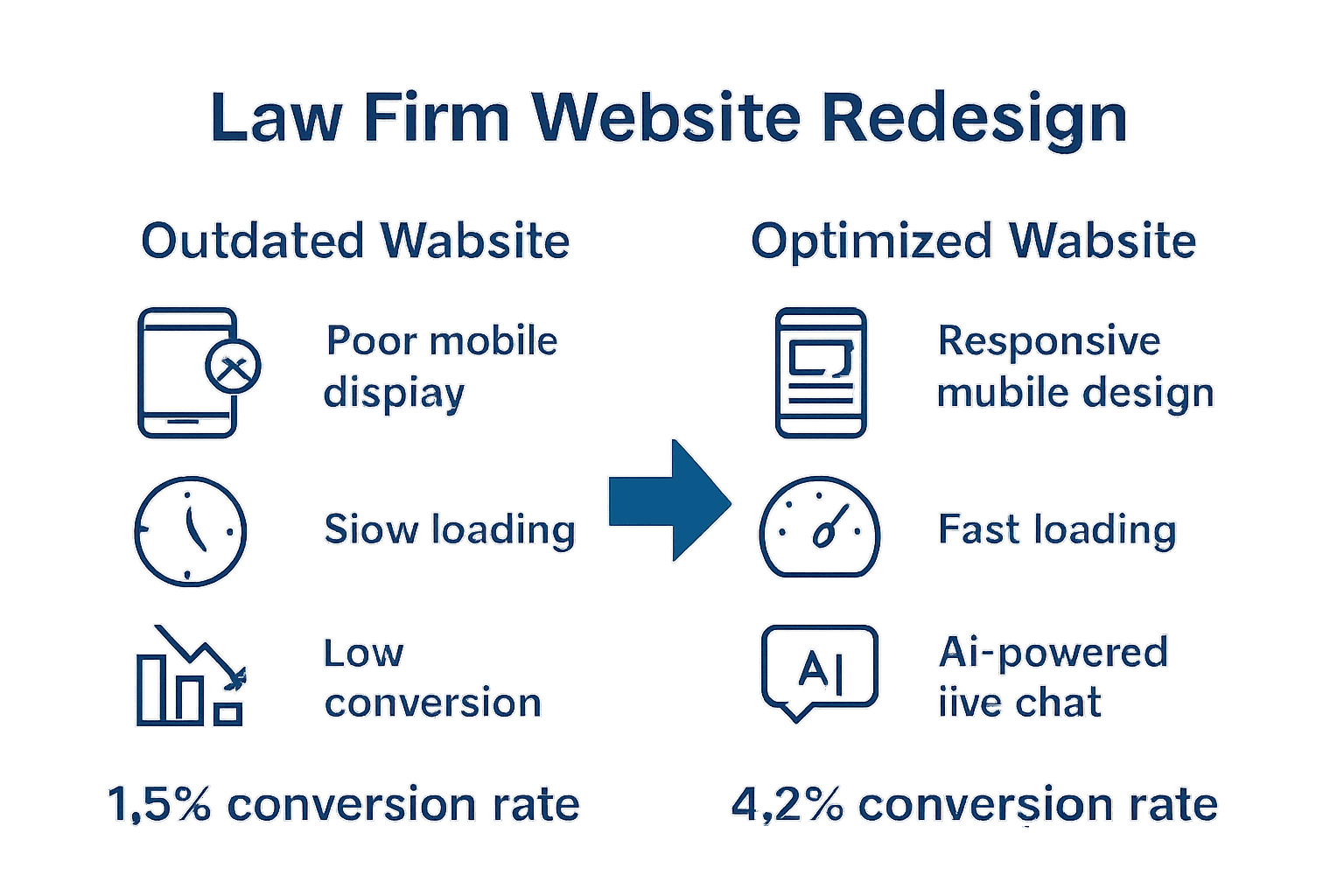 How to Improve Law Firm Website for More Clients Fast 2 Infographic illustrating the improvement from outdated law firm website to optimized website with higher conversion.