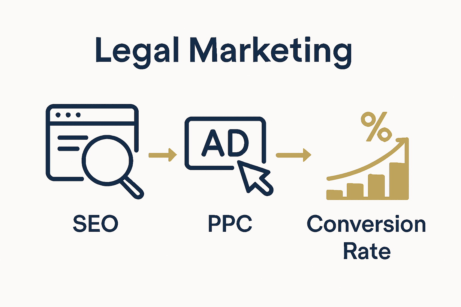 Infographic showing differences between SEO, PPC, and Conversion Rate in legal marketing.