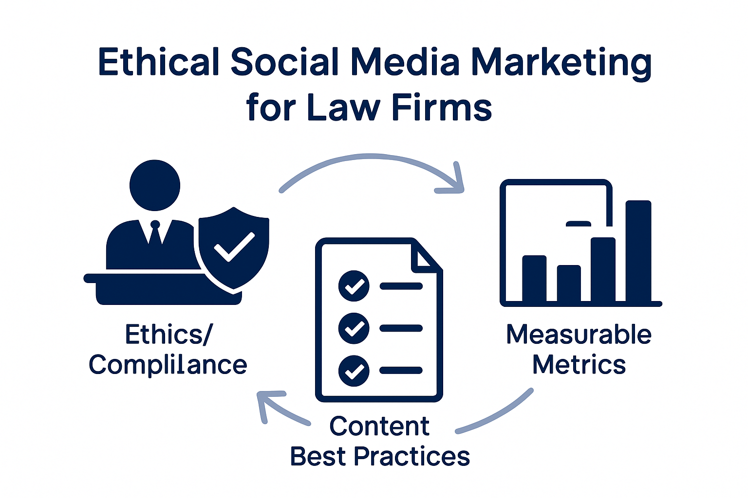 Infographic showing ethical compliance, content best practices, and metrics for law firm social media marketing.