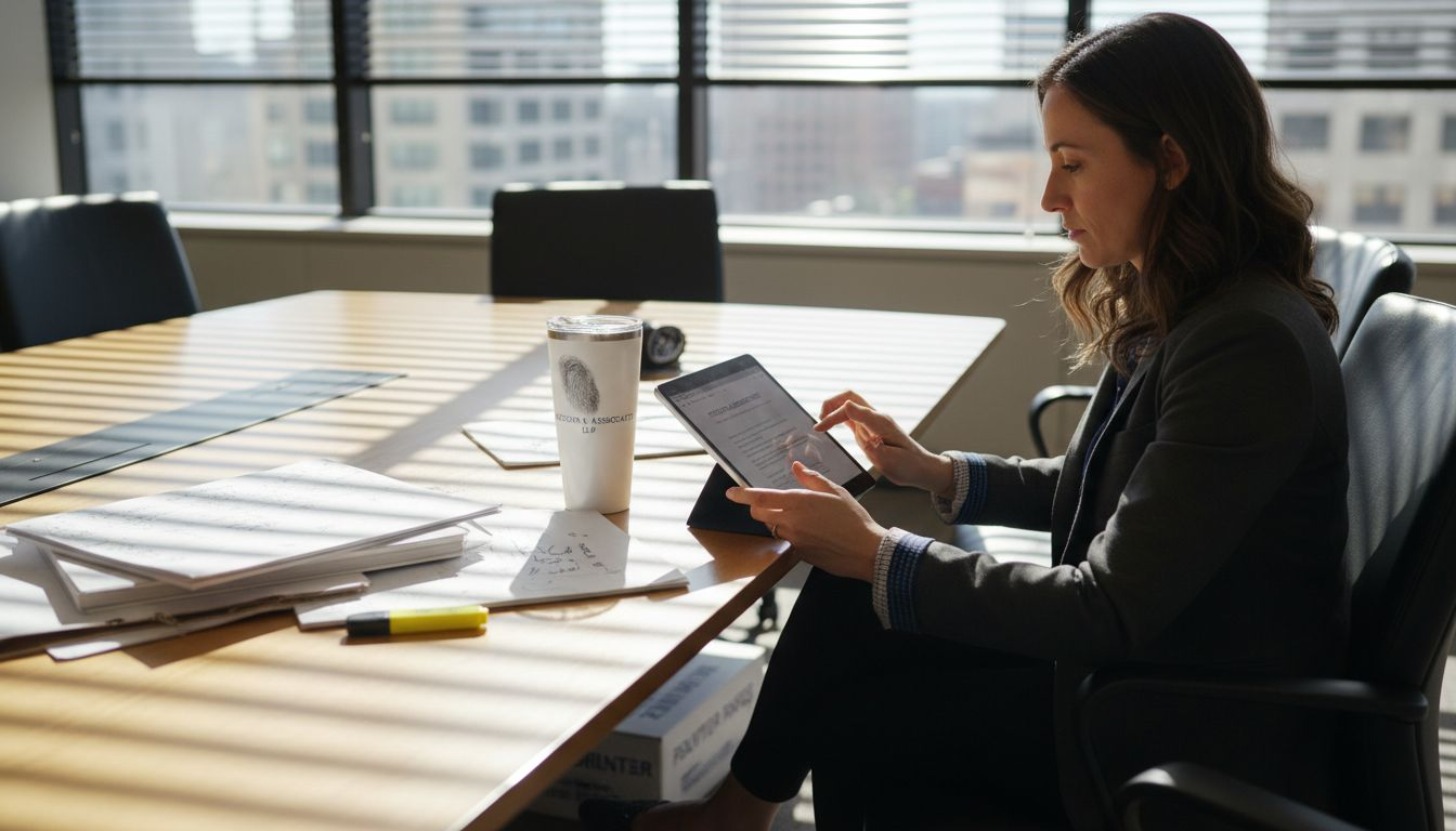 Associate reviewing law website on tablet