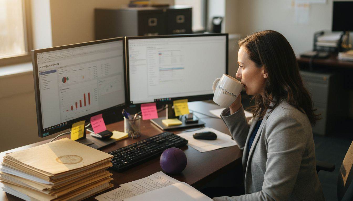 Paralegal reviews AI campaign on dual monitors