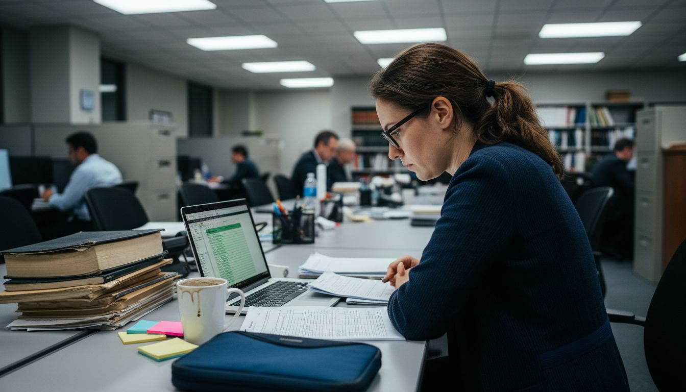 Paralegal auditing citations with laptop and papers