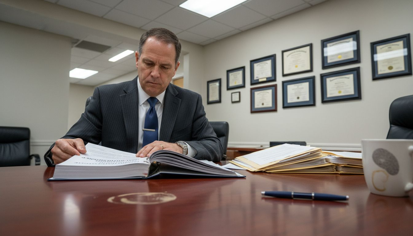 Attorney auditing compliance documents in law office